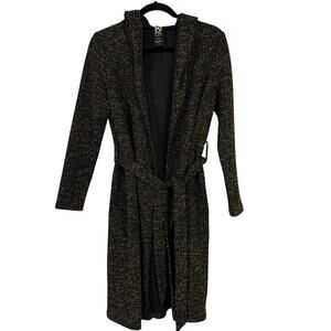 PURE Long Hooded Belted Open Cardigan Women size Medium Black Confetti Knit